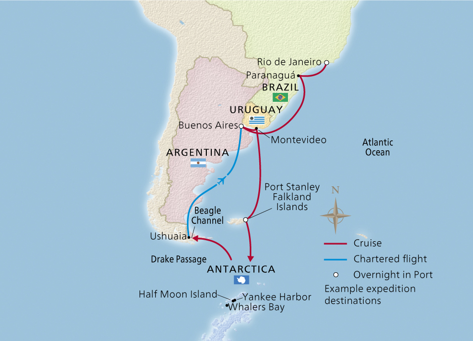 Map of the South America and Antarctic Discovery itinerary