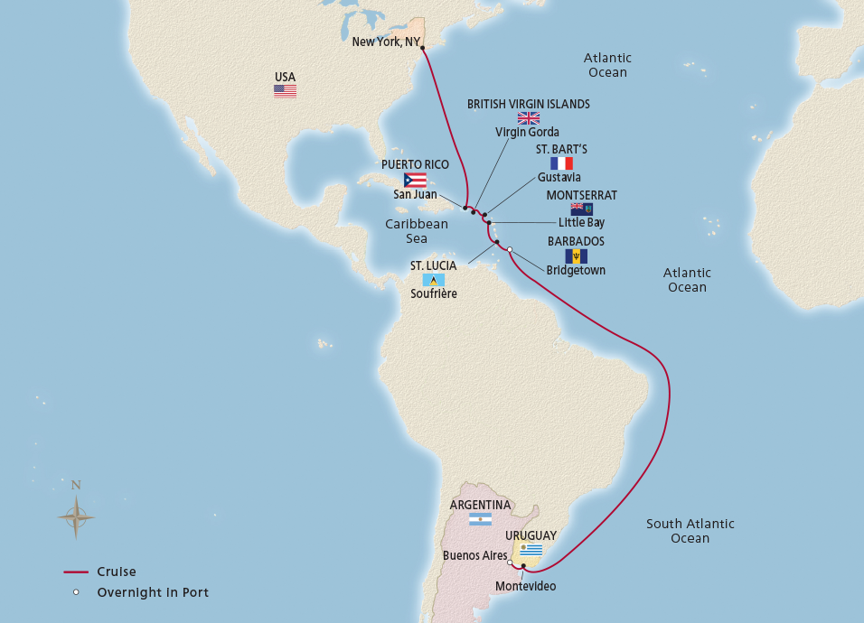 Map of the Caribbean & Atlantic Ocean Sojourn itinerary
