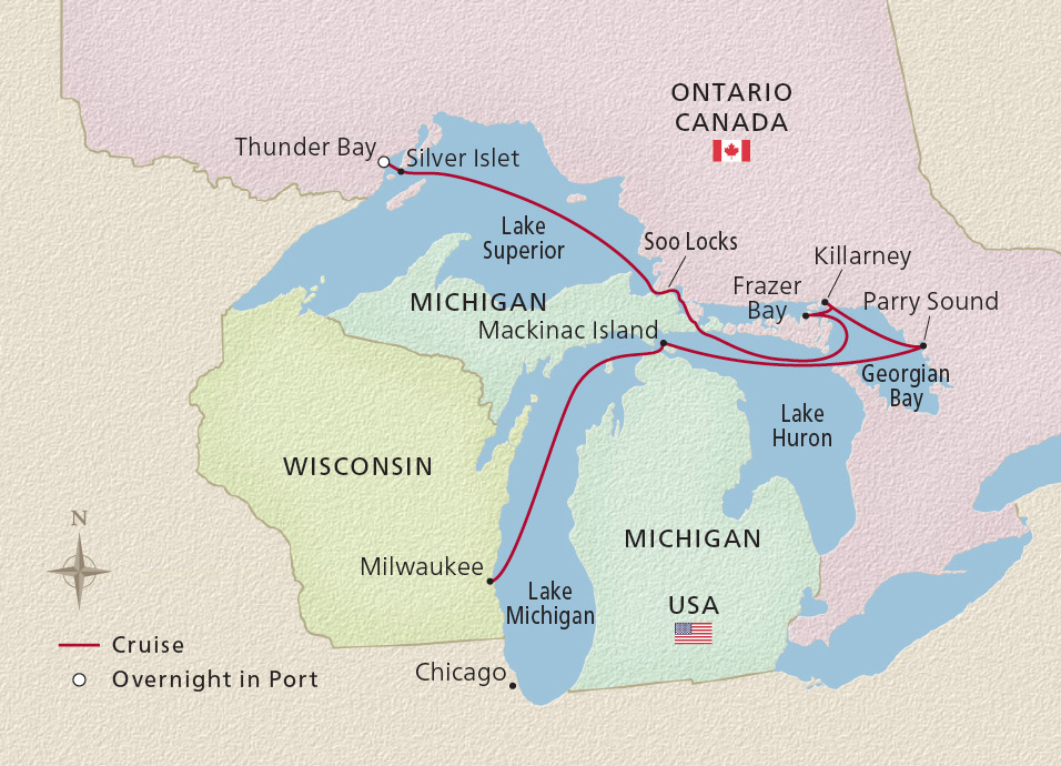 Map of the Great Lakes Explorer itinerary