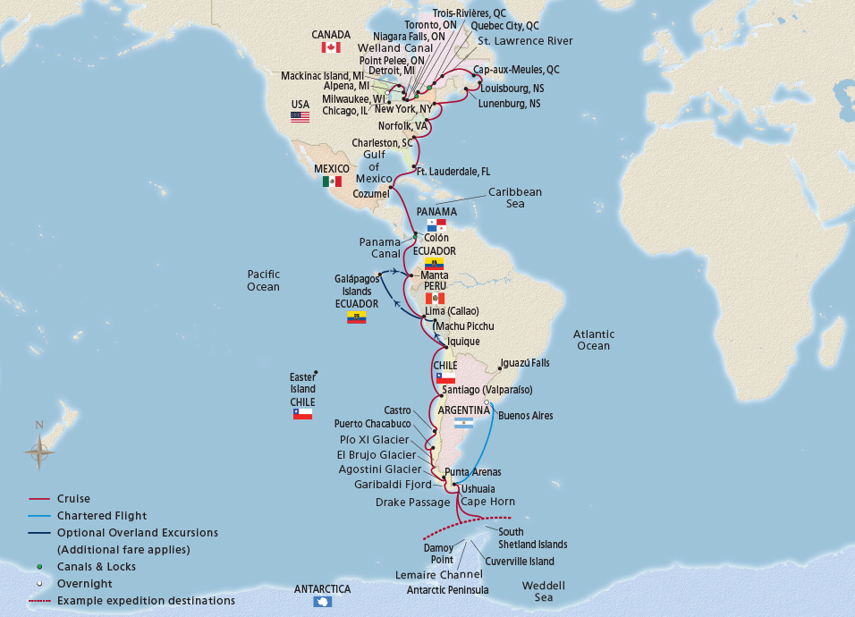Map of Longitudinal World Cruise I itinerary