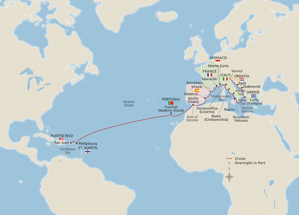 Map of Caribbean & Mediterranean Odyssey itinerary