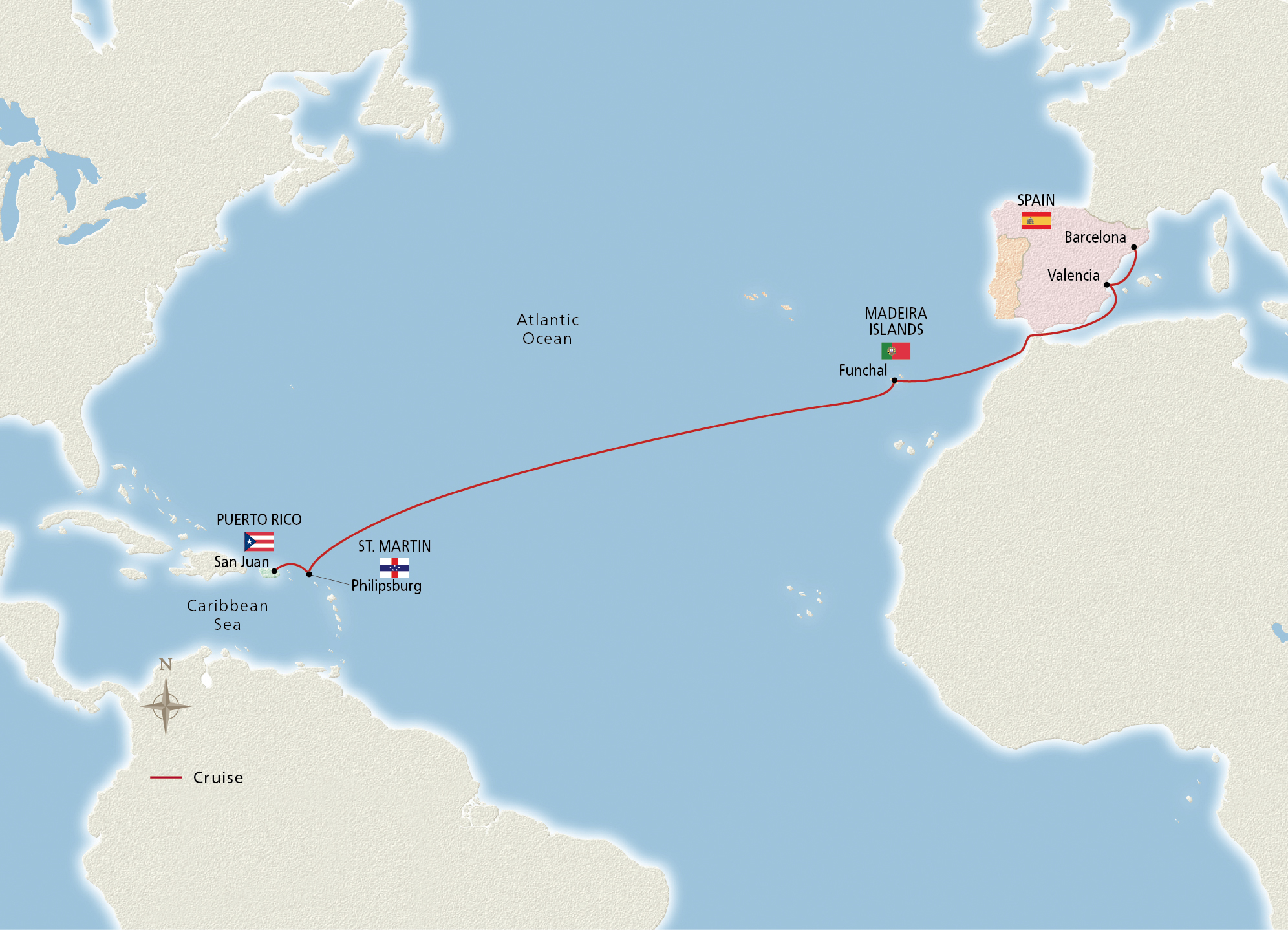 Map of the West Indies & the Iberian Peninsula itinerary