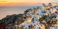 Aerial view of Santorini, Greece at sunset