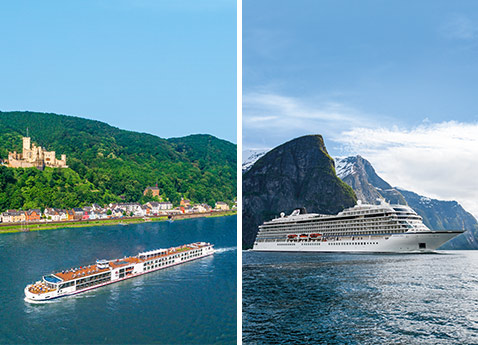 Split view with a river ship on the left and an ocean ship on the right