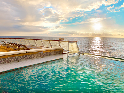 The infinity pool on a Viking Ocean Ship which seems to merge with the water off the back of the ship.