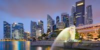 Skyline of Singapore with the Merlion Fountain in the foreground