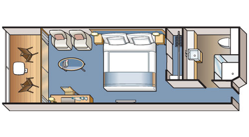 An illustrated schematic of the Viking Ocean Deluxe Veranda floor plan.